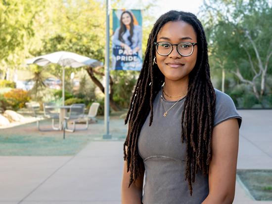 "CGCC student standing in the college courtyard.